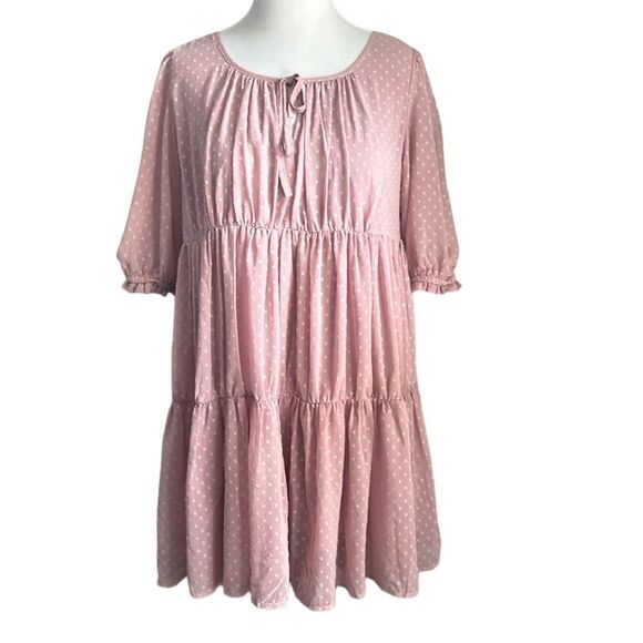 Easel Los Angeles Swiss Dot Peasant Tiered BabydollDress Blush Pink Size L - Picture 1 of 10